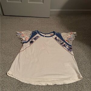 Free People cream and Blue Crochet Sleeve Top